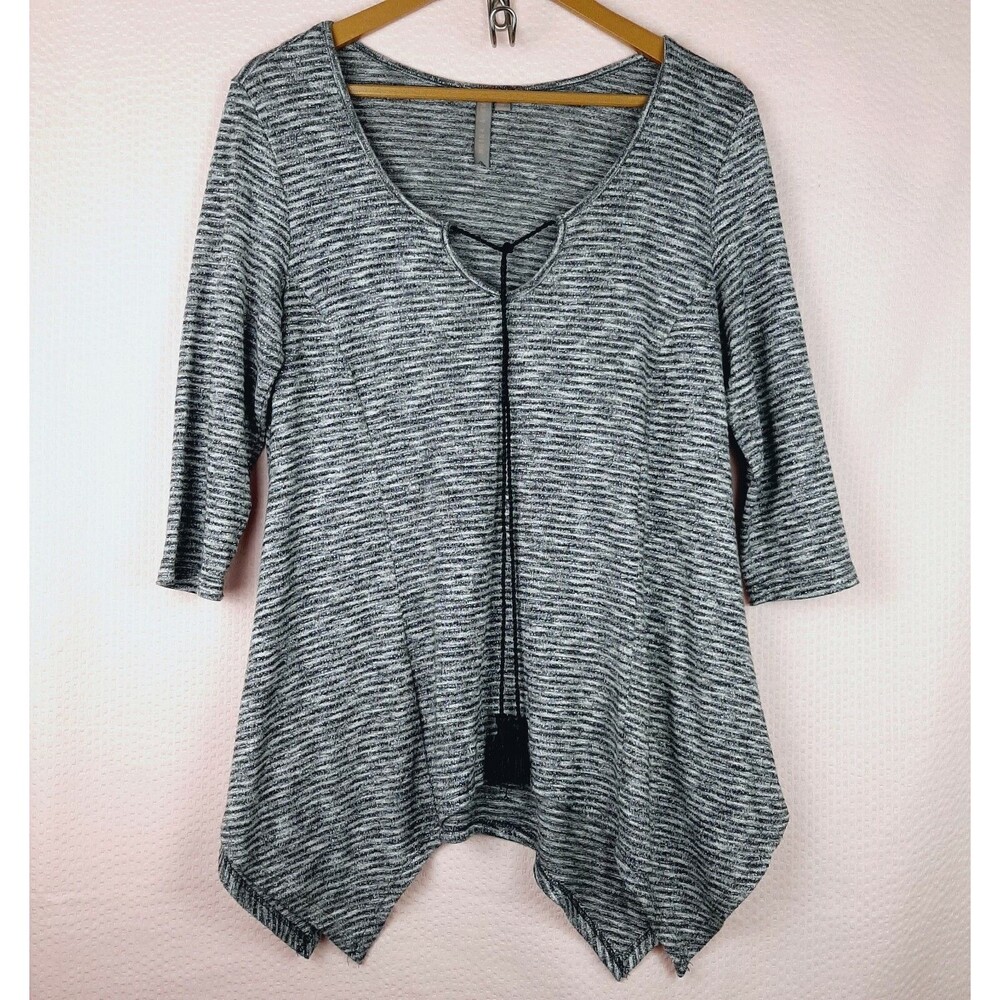 Brina & Em Women Pullover Glitter Gray Tie Neck Made in Canada Uneven Hem Siz L
